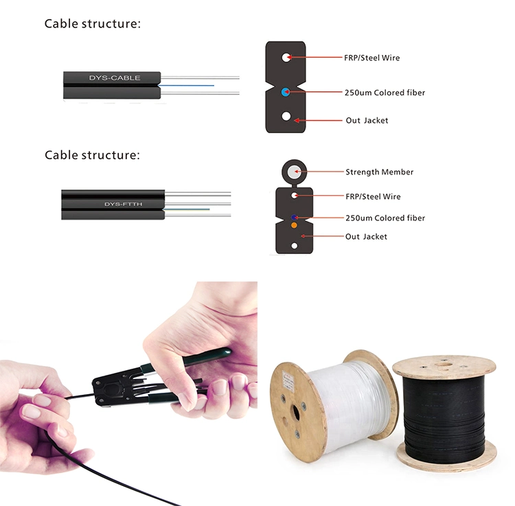 Indoor/Outdoor 1 2 4 Core G657A1/A2 GJYXFCH FRP/Steel Wire Single Mode FTTH Drop Flat Optic/Optical Fiber Cable